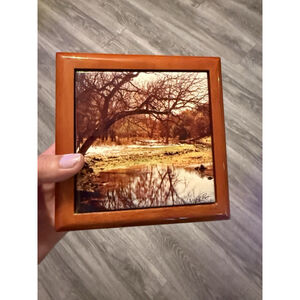 Nature Scenic Themed Wooden Lacquered Coaster Box Matching Set Of 4 Coasters